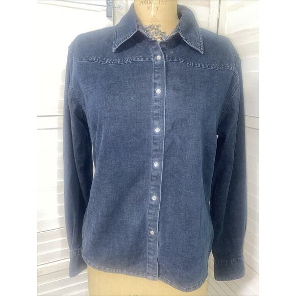 Black Faded Fersten Worldwide Ladies Denim Jacket Stretch Pearl Snaps Sz Large - Picture 1 of 8